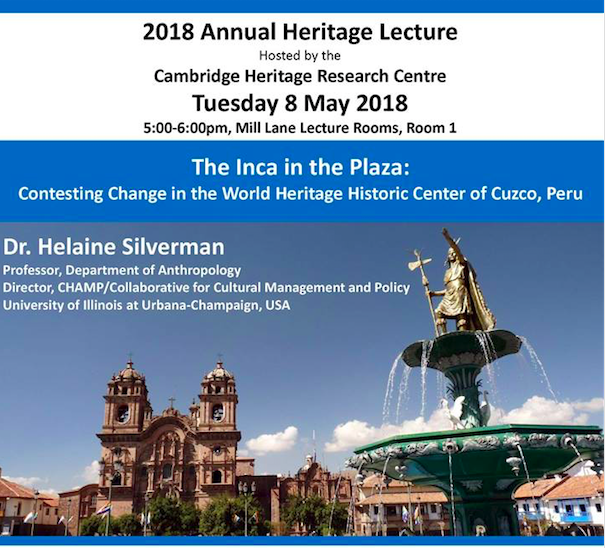Poster for the 1st CHRC Annual Heritage Lecture showing a statue of an Inca king atop a Belle Époque fountain in Cuzco, Peru