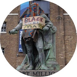 Button for the Statues Recording Project showing the statue of slave trader Robert Milligan with a Black Lives Matter sign