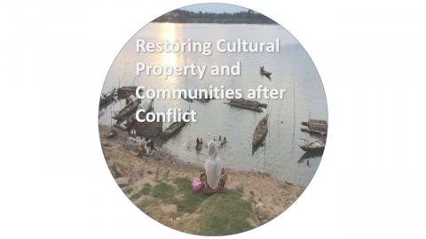 Button for Restoring Cultural Property and Communities after Conflict project showing groups of people and boats on a lake in Cambodia