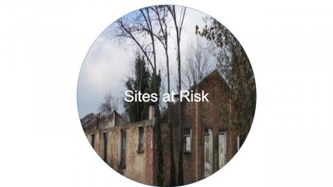 Button for the Safeguarding Sites project showing a ruined site of Holocaust heritage