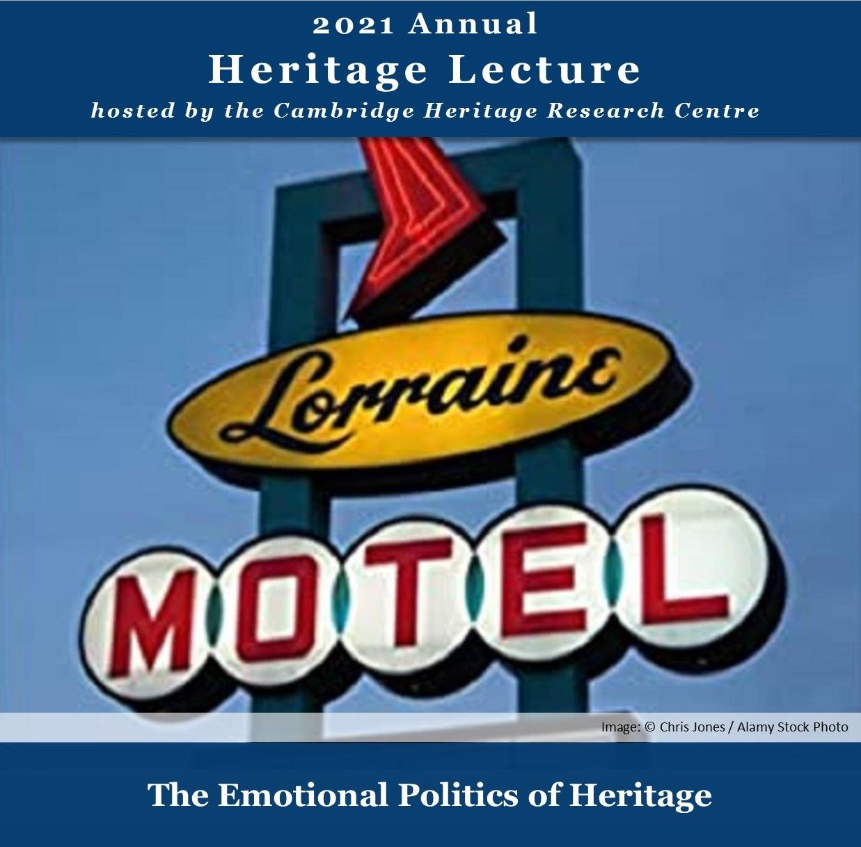 Poster for the 4th CHRC Annual Heritage Lecture showing a sign for the Lorraine Motel, Memphis
